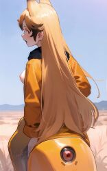 Rule 34 | 1girl, absurdres, animal ears, anus, blonde hair, blush, breasts, commentary request, commission, day, extra ears, ezo red fox (kemono friends), fox ears, fox girl, from behind, fur-trimmed jacket, fur trim, fusion, hair between eyes, highres, jacket, kemono friends, long hair, long sleeves, medium breasts, motor vehicle, motorcycle, nipples, open clothes, open jacket, open mouth, orange jacket, outdoors, profile, sidelocks, signature, solo, standing, sweat, taur, welt (kinsei koutenkyoku)