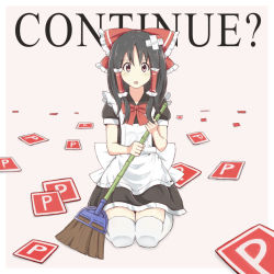 Rule 34 | 1girl, :o, alternate costume, apron, bad id, bad pixiv id, bandages, black hair, bow, broom, commentary request, crossed bandaids, enmaided, gameplay mechanics, gradient background, hair bow, hair tubes, hakurei reimu, long hair, looking at viewer, maid, maid apron, mrp, open mouth, pink background, power-up, red eyes, ribbon, short sleeves, sidelocks, simple background, sitting, solo, thighhighs, touhou, wariza, white thighhighs, zettai ryouiki
