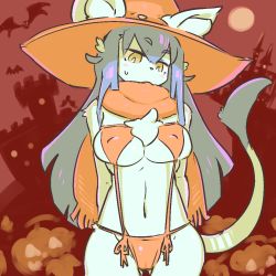 Rule 34 | 1girl, animal ears, arms behind back, bikini, cat ears, cat tail, female focus, furry, furry female, hat, long hair, looking at viewer, navel, purple hair, solo, swimsuit, tail, the amboina, upper body, yellow eyes