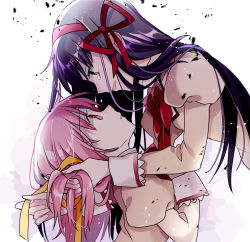 Rule 34 | 2girls, adjusting hair, akemi homura, alternate hairstyle, ayumaru (art of life), bags under eyes, black hair, breasts, crying, crying with eyes open, empty eyes, eye contact, frown, furrowed brow, gradient background, grey background, hair down, hair ribbon, hand in own hair, hand on own chest, kaname madoka, long sleeves, looking at another, looking down, mahou shoujo madoka magica, mahou shoujo madoka magica: hangyaku no monogatari, mitakihara school uniform, multiple girls, neck ribbon, orange ribbon, parted lips, pink eyes, pink hair, puffy short sleeves, puffy sleeves, purple eyes, red ribbon, ribbon, school uniform, short hair, short sleeves, simple background, small breasts, straight hair, tears, tying hair, uniform, upper body, white background, worried