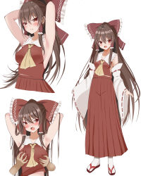 Rule 34 | 1girl, 1other, armpits, ascot, atory, bow, breasts, brown hair, commentary request, detached sleeves, dress grab, hair bow, hair tubes, hakurei reimu, highres, long hair, long skirt, medium breasts, multiple views, red bow, red eyes, red shirt, red skirt, ribbon-trimmed sleeves, ribbon trim, shirt, simple background, skirt, solo focus, touhou, white background, wide sleeves, yellow ascot