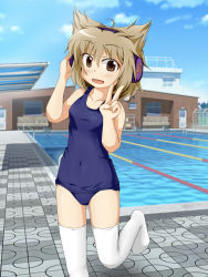 Rule 34 | 1girl, brown eyes, brown hair, earmuffs, female focus, gam, pool, school swimsuit, solo, swimsuit, thighhighs, touhou, toyosatomimi no miko, v, white thighhighs