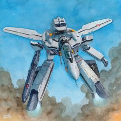 Rule 34 | artist name, canopy (aircraft), clenched hand, commentary, english commentary, gerwalk, gun, gunpod, hector trunnec, helmet, highres, holding, holding gun, holding weapon, macross, macross zero, mecha, painting (medium), robot, sky, smoke, solo, traditional media, variable fighter, vf-0s, watercolor (medium), weapon