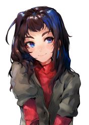 Rule 34 | 1girl, absurdres, black jacket, blue eyes, blue hair, blush, brown hair, closed mouth, eyebrows, eyelashes, head tilt, highres, jacket, long hair, long sleeves, maido mido, multicolored hair, original, red sweater, short sleeves, simple background, smile, solo, sweater, two-tone hair, upper body, white background