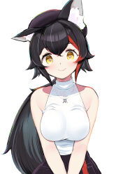 Rule 34 | 1girl, absurdres, animal ear fluff, animal ears, beret, black hair, black skirt, breasts, hat, highres, hololive, jewelry, kani bonara, large breasts, long hair, low ponytail, multicolored hair, ookami mio, ookami mio (street), own hands together, pendant, red hair, shirt, skirt, sleeveless, sleeveless shirt, smile, streaked hair, virtual youtuber, white background, wolf ears, wolf girl, yellow eyes