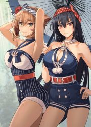 Rule 34 | 2girls, alternate costume, anchor, armpits, arms behind head, belt, black hair, blue hairband, blush, breasts, brown hair, buttons, cleavage, cleavage cutout, closed mouth, clothing cutout, collarbone, green eyes, hairband, hand on own hip, highres, kantai collection, kasumi (skchkko), large breasts, long hair, looking at viewer, multiple girls, mutsu (kancolle), nagato (kancolle), red belt, red hairband, short hair, sidelocks, striped clothes, striped hairband, two-tone hairband, umbrella