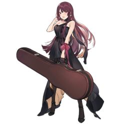 Rule 34 | 1girl, arm ribbon, black dress, black footwear, black gloves, black pantyhose, blush, breasts, cello case, choker, dress, duoyuanjun, earrings, full body, girls&#039; frontline, gloves, tucking hair, half gloves, high heels, jewelry, large breasts, long hair, looking at viewer, official alternate costume, official art, open mouth, pantyhose, purple hair, red eyes, ribbon, shoes, sidelocks, single glove, solo, transparent background, very long hair, wa2000 (ballroom interlude) (girls&#039; frontline), wa2000 (girls&#039; frontline)