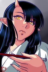 Rule 34 | 1girl, black hair, buntaichou, commentary request, grey background, horns, kiseru, lips, long hair, looking at viewer, original, smoking pipe, pointy ears, single horn, solo, yellow eyes