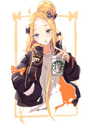 Rule 34 | 1girl, abigail williams (fate), abigail williams (traveling outfit) (fate), bandaid, bandaid on face, bandaid on forehead, black bow, black jacket, blonde hair, blue eyes, blush, bow, breasts, cropped torso, crossed bandaids, cup, drinking, drinking straw, fate/grand order, fate (series), forehead, hair bow, hair bun, head tilt, heroic spirit traveling outfit, highres, jacket, long hair, long sleeves, looking at viewer, miaohik, multiple bows, official alternate costume, open clothes, open jacket, orange bow, parted bangs, polka dot, polka dot bow, shirt, single hair bun, small breasts, solo, very long hair, white background, white shirt