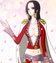 Rule 34 | 1girl, amazon lily, boa hancock, breasts, cape, cleavage, crop top, earrings, epaulettes, female focus, jewelry, long hair, midriff, navel, one piece, petals, skirt, solo