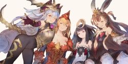 Rule 34 | 4girls, animal ears, blonde hair, blue hair, brown hair, character request, clothing cutout, copyright request, dress, grey eyes, long hair, looking at viewer, multiple girls, n.a., navel, navel cutout, pointy ears, rabbit ears, red dress, shingeki no bahamut, simple background, smile, tagme, white background, yellow eyes