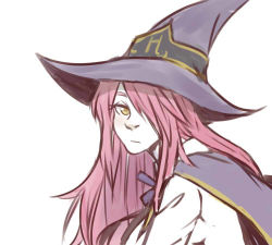 Rule 34 | 1girl, arc system works, blazblue, blazblue phase 0, cape, hair over one eye, hat, konoe a. mercury, long hair, lowres, pink hair, simonadventure, solo, upper body, witch hat, yellow eyes