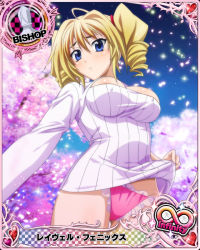Rule 34 | 10s, 1girl, bishop (chess), blonde hair, blue eyes, blush, breasts, card (medium), character name, cherry blossoms, chess piece, cleavage, closed mouth, drill hair, covered erect nipples, frown, high school dxd, high school dxd infinity, large breasts, meme attire, night, official art, open-chest sweater, panties, pink panties, ravel phenex, selfie, solo, sweater, trading card, twin drills, twintails, underwear, white sweater