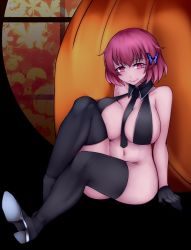 Rule 34 | 1girl, aoshima, arm support, bare shoulders, between breasts, black background, black footwear, black gloves, black necktie, black thighhighs, bottomless, breast press, breasts, butterfly hair ornament, collarbone, commentary request, gloves, grin, hair between eyes, hair ornament, halloween, highres, large breasts, lipstick, looking at viewer, makeup, navel, necktie, necktie between breasts, on floor, pink eyes, pink hair, pumpkin, revealing clothes, round window, saigyouji yuyuko, seductive smile, short hair, sideboob, sitting, smile, solo, stomach, thighhighs, touhou, window