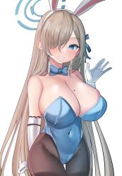 Rule 34 | 1girl, absurdres, animal ears, aqua leotard, asuna (blue archive), asuna (bunny) (blue archive), blue archive, blue bow, blue bowtie, blue eyes, blue leotard, bow, bowtie, breasts, detached collar, elbow gloves, fake animal ears, gloves, hair over one eye, halo, highleg, highleg leotard, highres, large breasts, leotard, light brown hair, long hair, mole, mole on breast, official alternate costume, playboy bunny, rabbit ears, strapless, strapless leotard, swept bangs, tf cafe, traditional bowtie, white gloves