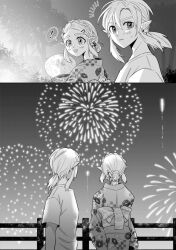 Rule 34 | !, 1boy, 1girl, blush, braid, couple, crown braid, fireworks, flower, greyscale, hair between eyes, hair bun, hair flower, hair ornament, hair tie, hairclip, hand fan, hetero, highres, holding, holding fan, japanese clothes, kimono, link, low ponytail, medium hair, monochrome, nintendo, open mouth, parted bangs, pointy ears, princess zelda, screentones, short sleeves, sidelocks, smile, spoken exclamation mark, sweatdrop, the legend of zelda, the legend of zelda: breath of the wild, thick eyebrows, upper body, zmauuchan