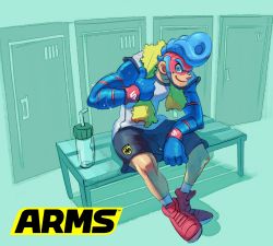 Rule 34 | 1boy, aqua background, arms (game), blue hair, boxing gloves, domino mask, drill hair, full body, highres, male focus, mask, nintendo, official art, pompadour, short hair, shorts, simple background, smile, solo, @ @, spring man (arms), yamamoto yuu