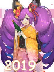 Rule 34 | 1girl, 2019, :d, bell, blue hair, blush, bottle, cleo (dragalia lost), commentary, dragalia lost, drill hair, english commentary, floral print, flower, gradient kimono, hair bell, hair between eyes, hair flower, hair ornament, headgear, hentaki, highres, holding, holding bottle, japanese clothes, jingle bell, kimono, long sleeves, looking at viewer, multicolored hair, new year, obi, open mouth, petals, pink kimono, print kimono, purple hair, red flower, sash, smile, solo, twin drills, twintails, two-tone hair, upper body, wide sleeves, yellow kimono