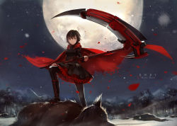 Rule 34 | 1girl, beowolf, beowolf (rwby), black hair, boots, cape, character name, copyright name, cotta, cross, dress, english text, forest, full moon, grimm (rwby), monster, moon, mountain, nature, night, outdoors, pantyhose, petals, petticoat, rose petals, ruby rose, rwby, scythe, short hair, skirt, sky, snow, solo, tree, weapon, wolf