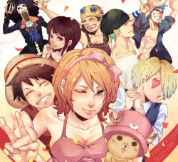 Rule 34 | 2girls, 6+boys, afro, bandana, birthday, black hair, blonde hair, blue hair, bow, breasts, brook (one piece), cleavage, cyborg, franky (one piece), goggles, green hair, hair over one eye, happy, hat, heart, monkey d. luffy, multiple boys, multiple girls, nami (one piece), nico robin, one piece, open clothes, open shirt, orange hair, overalls, pink shirt, reindeer, roronoa zoro, sanji (one piece), shirt, skeleton, smile, straw hat, sunglasses, tony tony chopper, top hat, usopp, v, vest, white shirt, wink, x (symbol)