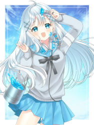 1girl, :d, ahoge, arms up, black neckwear, black ribbon, blue eyes, blue nails, blue sailor collar, blue skirt, blue sky, blush, breasts, cardigan, cloud, contrapposto, cowboy shot, drop earrings, earrings, elbow carry, eyebrows visible through hair, grey cardigan, hair ornament, headphones, headphones around neck, holding, holding paintbrush, jewelry, konpeito1025, long hair, long sleeves, looking at viewer, miniskirt, nail polish, open mouth, original, paint, paint can, paint in hair, paint on face, paintbrush, pleated skirt, ribbon, sailor collar, silver hair, skirt, sky, small breasts, smile, solo, standing, symbol commentary, very long hair, x hair ornament