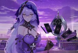 Rule 34 | 1girl, absurdres, bare shoulders, black gloves, black swan (honkai: star rail), breasts, card, city, cleavage, commentary, dress, elbow gloves, floating card, gloves, highres, honkai: star rail, honkai (series), large breasts, long hair, outdoors, purple dress, purple hair, purple sky, sky, sleeveless, sleeveless dress, smurtz, solo, upper body, veil, very long hair