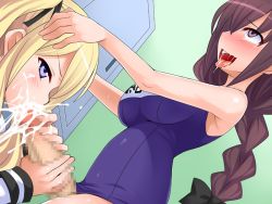 Rule 34 | 1futa, 1girl, ahegao, artist request, blonde hair, blue eyes, blush, braid, breasts, brown eyes, brown hair, censored, cum, cum in mouth, fellatio, fucked silly, futa with female, futanari, hair ribbon, hand on another&#039;s head, open mouth, oral, orgasm, penis, ribbon, saliva, source request, swimsuit, tongue