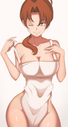 Rule 34 | 1girl, ;), apron, breasts, brown eyes, brown hair, cleavage, creatures (company), delia ketchum, game freak, hand on own chest, highres, large breasts, looking at viewer, mature female, nintendo, one eye closed, pokemon, pokemon (anime), pokemon (classic anime), ponytail, simple background, smile, solo, undressing, vivivoovoo, wide hips