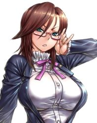 Rule 34 | 10s, 1girl, adjusting eyewear, amania orz, breasts, brown hair, concrete revolutio, formal, frills, glasses, green eyes, large breasts, lips, long hair, long sleeves, looking at viewer, parted lips, red-framed eyewear, semi-rimless eyewear, shiny clothes, sidelocks, solo, suit, touzaki michiko, white background
