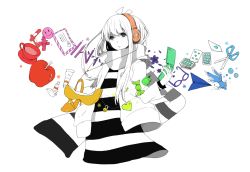 Rule 34 | 1girl, apple, candy, card, cellphone, fish, floating card, flower, food, fruit, glasses, grey eyes, hatsune miku, headphones, high heels, jacket, jewelry, letter, long hair, monochrome, nail polish, necklace, paper airplane, pencil, phone, playing card, rainbow order, saitamax, scarf, scissors, shoes, simple background, solo, spot color, striped clothes, striped scarf, strobe last (vocaloid), vocaloid, white hair