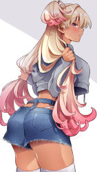 Rule 34 | 1girl, arched back, ass, blonde hair, blue shorts, breasts, commentary request, cowboy shot, crop top, crop top overhang, dark-skinned female, dark skin, denim, denim shorts, drawstring, from behind, gradient hair, grey shirt, highres, iona (trente), large breasts, long hair, long sleeves, looking at viewer, looking back, midriff, multicolored hair, one side up, original, panty straps, pink eyes, pink hair, profile, shirt, short shorts, shorts, skindentation, smile, solo, thighhighs, thighs, trente, very long hair, whale tail (clothing), white thighhighs