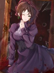 Rule 34 | 1girl, blood, blood from mouth, blood on clothes, blood on face, broken glass, brown hair, dress, earrings, formal, glass, green eyes, high ponytail, highres, jewelry, long hair, one eye closed, orchid (orukido), ponytail, solo, umineko no naku koro ni, ushiromiya natsuhi