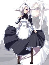 Rule 34 | 1girl, aika (konshin), animal ears, apron, black dress, blush, boots, brown footwear, closed mouth, commentary request, dress, fox, fox ears, frilled dress, frills, grey hair, hair over one eye, hand up, juliet sleeves, konshin, long sleeves, looking at viewer, maid, maid apron, maid headdress, one eye covered, original, pigeon-toed, puffy sleeves, short hair with long locks, solo, white apron, white background, zoom layer