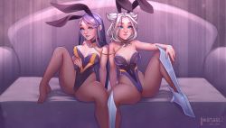Rule 34 | 2girls, alternate costume, animal ears, ass, bare arms, bare shoulders, black choker, black leotard, blue eyes, breasts, brown pantyhose, camille (league of legends), choker, cleavage, collarbone, couch, fake animal ears, foot out of frame, grey hair, highres, irelia, knee up, large breasts, league of legends, legs apart, leotard, long hair, medium breasts, medium hair, multiple girls, pantyhose, rabbit ears, sitting, starli (starlianechan), strapless, strapless leotard