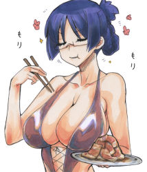 Rule 34 | &gt;:t, 10s, 1girl, :t, blue hair, braid, breasts, casual one-piece swimsuit, center opening, chopsticks, cleavage, closed eyes, collarbone, cross-laced clothes, eating, flower, folded ponytail, food, glasses, hand up, holding, holding chopsticks, holding plate, kikuta, large breasts, marker (medium), meat, millipen (medium), motion lines, one-piece swimsuit, parted bangs, parted lips, plate, purple hair, purple one-piece swimsuit, rectangular eyewear, ridget (suisei no gargantia), rimless eyewear, sideboob, simple background, solo, sparkle, suisei no gargantia, swimsuit, traditional media, upper body, v-shaped eyebrows, white background