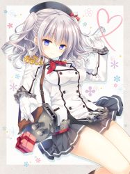 Rule 34 | 1girl, beret, blush, box, breasts, buttons, commentary request, detached sleeves, epaulettes, frills, gift, gift box, gloves, hat, heart, highres, holding, kantai collection, kashima (kancolle), long sleeves, looking at viewer, medium breasts, short hair, simple background, skirt, smile, solo, tatekawa mako, twintails, uniform, valentine, white gloves