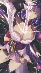 Rule 34 | 1girl, absurdres, blunt bangs, braid, breasts, bridal gauntlets, cleavage, commentary request, cowboy shot, eleaaa, electricity, energy sword, flower, genshin impact, hair ornament, half-closed eyes, hand up, highres, human scabbard, japanese clothes, kimono, large breasts, long hair, looking at viewer, mitsudomoe (shape), mole, mole under eye, nail polish, parted lips, purple eyes, purple flower, purple hair, purple kimono, raiden shogun, ribbon, sash, simple background, solo, sword, thighhighs, tomoe (symbol), weapon