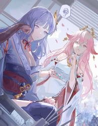 Rule 34 | 2girls, animal ears, blunt bangs, blush, braid, breasts, bridal gauntlets, calligraphy brush, cleavage, commentary, dango, detached sleeves, earrings, falling petals, food, fox ears, genshin impact, hair ornament, highres, holding, holding brush, iiumiarts, japanese clothes, jewelry, kimono, long hair, long sleeves, looking at viewer, low-braided long hair, low-tied long hair, medium breasts, mole, mole under eye, multiple girls, nail polish, obi, obiage, obijime, one eye closed, open mouth, paintbrush, petals, pink hair, plate, purple eyes, purple hair, purple kimono, purple nails, raiden shogun, sash, shrug (clothing), sitting, smile, spoken squiggle, squiggle, standing, thighhighs, vision (genshin impact), wagashi, wide sleeves, yae miko