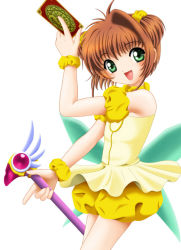 Rule 34 | 1990s (style), 1girl, antenna hair, bare shoulders, cardcaptor sakura, child, cowboy shot, dress, flipper, from side, fuuin no tsue, gem, holding, holding wand, kinomoto sakura, looking at viewer, looking to the side, magical girl, orb, retro artstyle, scrunchie, short hair, simple background, solo, wand, white background, wrist scrunchie, yellow dress