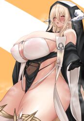 Rule 34 | 1girl, absurdres, areola slip, azur lane, black gloves, blonde hair, blush, breast cutout, breasts, cleavage, covered erect nipples, covered navel, cowboy shot, curvy, fake horns, from below, from side, full-face blush, gloves, habit, hair between eyes, half gloves, highres, horns, huge breasts, implacable (azur lane), kymp, large areolae, long bangs, long hair, nipples, no panties, nun, orange background, pelvic curtain, red eyes, revealing clothes, see-through, simple background, solo, thick thighs, thighhighs, thighs, two-tone background, two-tone dress, veil, very long hair, white background, white horns, white thighhighs, wide hips