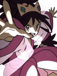 Rule 34 | 1girl, :d, black hair, blurry, bright pupils, creatures (company), dark-skinned female, dark skin, dated, dress, eyelashes, game freak, iris (pokemon), long hair, looking at viewer, nintendo, open mouth, outstretched arms, pokemon, pokemon bw2, purple eyes, signature, smile, solo, teeth, tiara, tongue, ueda hanako, upper teeth only, white pupils, wide sleeves