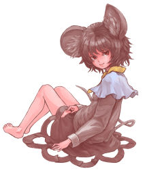 Rule 34 | 1girl, animal ears, barefoot, cameltoe, feet, full body, grey hair, legs, long sleeves, looking at viewer, looking back, ma nyan (nyao mao nyao), mouse ears, mouse tail, nazrin, red eyes, shirt, simple background, sitting, skirt, skirt set, smile, solo, tail, toes, touhou, white background