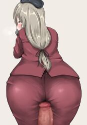 Rule 34 | 1boy, 1girl, ass, blush, brown eyes, buttjob, buttjob over clothes, censored, formal, from behind, girls und panzer, grey hair, hetero, leaning forward, long hair, looking at viewer, looking back, mature female, p kotarou, penis, ponytail, shimada chiyo, skirt, skirt suit, solo, suit