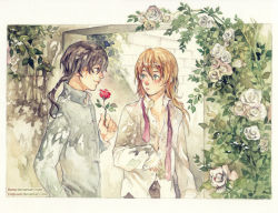 Rule 34 | 2boys, bad deviantart id, bad id, banp, blush, brown eyes, claparo, collaboration, dress shirt, face, flower, green eyes, long hair, male focus, multiple boys, necktie, open clothes, open shirt, painting (medium), ponytail, profile, red flower, red rose, rose, shirt, sleeves past wrists, smile, traditional media, undone necktie, undone tie, watercolor (medium), watermark, white flower, white rose, yaoi