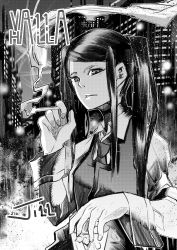 Rule 34 | 1girl, building, cigarette, cup, fukazume (sonne20304), highres, jill stingray, monochrome, smoking, solo, twitter, va-11 hall-a