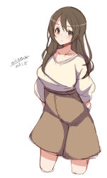 Rule 34 | 1girl, blush, breasts, brown eyes, brown hair, brown skirt, closed mouth, collarbone, dated, hair between eyes, large breasts, long sleeves, looking at viewer, maze (gochama ze gohan), original, shirt, signature, simple background, sketch, skirt, smile, solo, white background, white shirt
