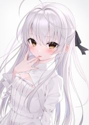 Rule 34 | 1girl, ahoge, black bow, blush, bow, breasts, brown eyes, closed mouth, commentary request, copyright request, dress, grey background, grey hair, hair between eyes, hair bow, hand up, highres, juliet sleeves, long hair, long sleeves, looking at viewer, puffy sleeves, saliva, simple background, small breasts, solo, tongue, tongue out, tsukiman, very long hair, white bow, white dress