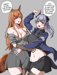 Rule 34 | 2girls, absurdres, animal ears, arknights, asymmetrical docking, bare shoulders, black scarf, black shirt, black skirt, black thighhighs, blue jacket, blush, breast press, breasts, brown hair, cleavage, commentary, crop top, fox ears, fox tail, franka (arknights), grey background, grey hair, grey shirt, grey skirt, groin, highres, horns, jacket, large breasts, liskarm (arknights), long hair, long sleeves, looking at viewer, midriff, miniskirt, multiple girls, navel, off shoulder, open clothes, open jacket, open mouth, ponytail, scarf, shirt, short sleeves, simple background, skirt, speech bubble, stomach, symmetricturd, tail, thighhighs, thighs, very long hair, yellow eyes