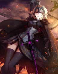 Rule 34 | 1girl, ahoge, armor, black thighhighs, blonde hair, breasts, cape, chain, fate/grand order, fate (series), fur-trimmed cape, fur trim, highres, jeanne d&#039;arc (fate), jeanne d&#039;arc alter (avenger) (fate), jeanne d&#039;arc alter (avenger) (first ascension) (fate), jeanne d&#039;arc alter (fate), medium breasts, shigure s, short hair, solo, standard bearer, sword, thighhighs, thighs, weapon, yellow eyes