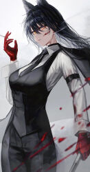 Rule 34 | 1girl, absurdres, akqne, alternate costume, animal ear fluff, animal ear piercing, animal ears, arknights, arm strap, backlighting, between fingers, black choker, black hair, black jacket, black necktie, black pants, black straps, black vest, blood, blood on cheek, blood on clothes, blood on face, blood splatter, blood stain, blowing smoke, breasts, choker, cigarette, collared shirt, colored inner hair, commentary request, cowboy shot, double-parted bangs, dress pants, dress shirt, expressionless, eyelashes, floating hair, formal, from side, gloves, gradient background, grey background, grey hair, grey tail, hair between eyes, hand up, highres, holding, holding cigarette, holding sword, holding weapon, jacket, lapels, large breasts, long hair, long sleeves, looking at viewer, looking to the side, messy hair, motion blur, multicolored hair, necktie, notched lapels, off shoulder, open clothes, open hand, open jacket, pants, parted lips, piercing, red gloves, serious, shade, shadow, shirt, sleeve cuffs, smoke, smoke trail, smoking, solo, standing, straight hair, strap, suit, suit jacket, sword, tail, texas (arknights), two-tone hair, vest, weapon, white shirt, wing collar, wolf ears, wolf girl, wolf tail, yellow eyes